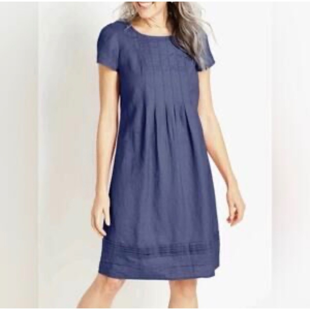 J. Jill Love Linen Navy Blue Pintuck Pleated Shift Dress Petite M 100% Linen